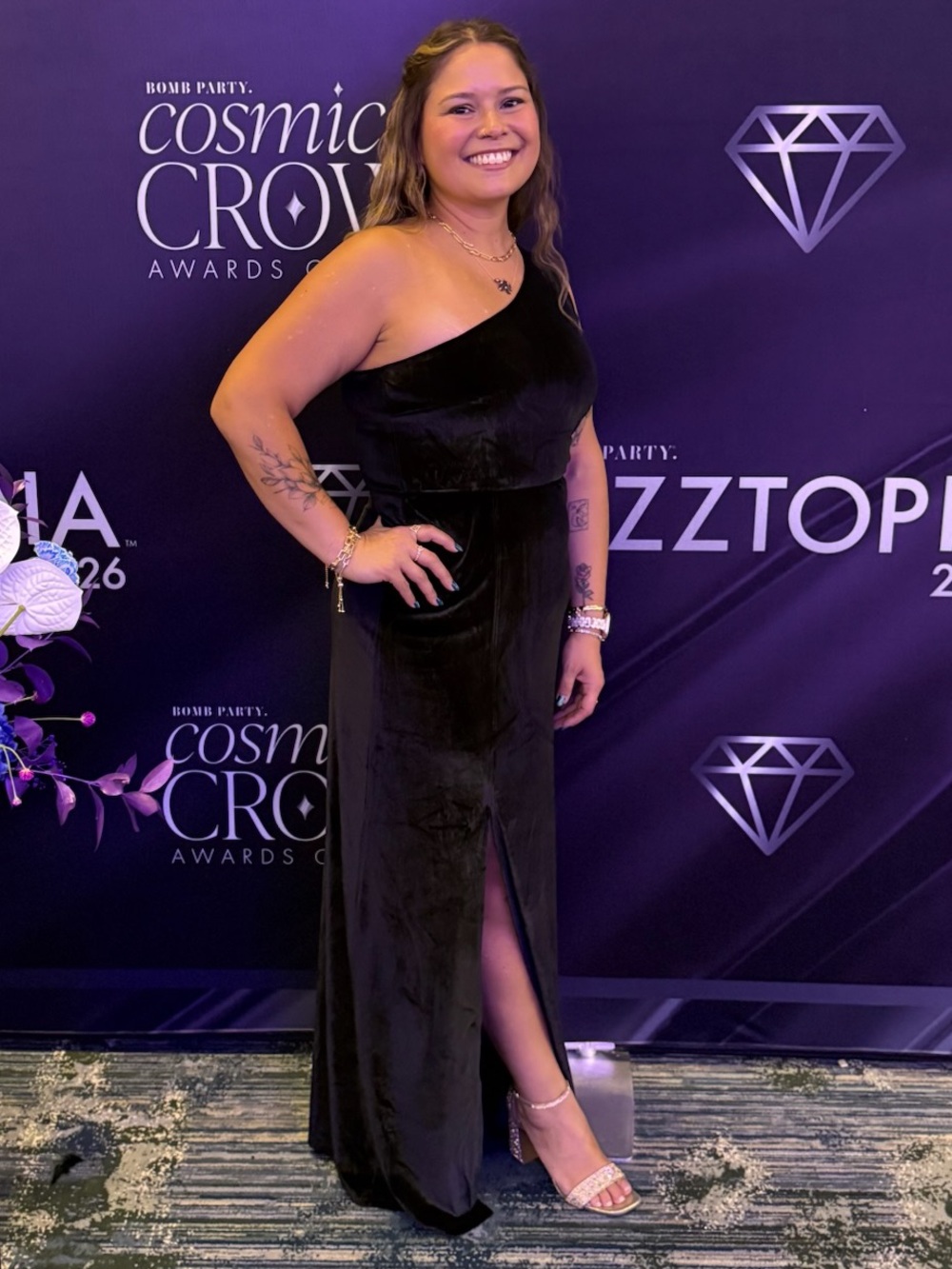 Baltic Born One-Shoulder Black Velvet Gown with Thigh Slit